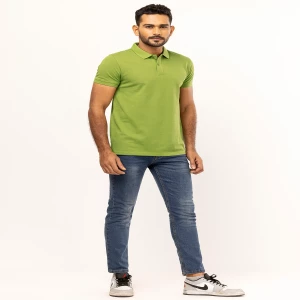Leaf Green Cotton Slim Fit Polo Shirt